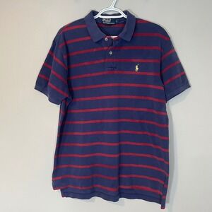 Polo Ralph Lauren Mens L Navy Blue Red Striped Short Sleeve Polo Shirt Gold Pony